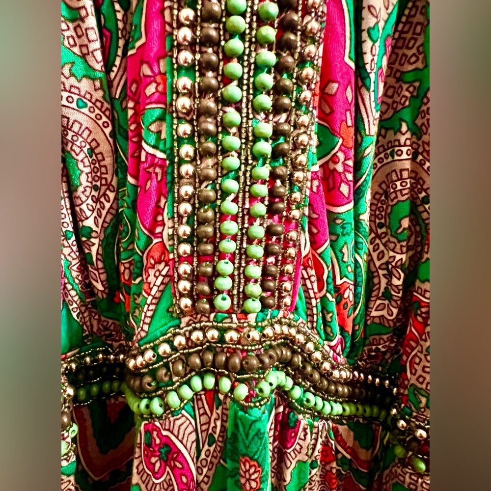 INC 1X Elegant Green And Pink Paisley Beaded Maxi Dress Plus Size - Picture 3 of 6